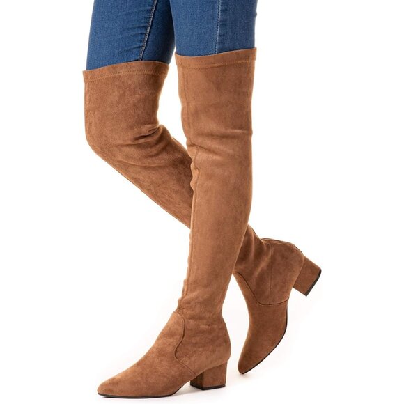 Women Brown 2 Inch Over the Knee Thigh High Suede Block Long Pointed toe Boots - Picture 4 of 7